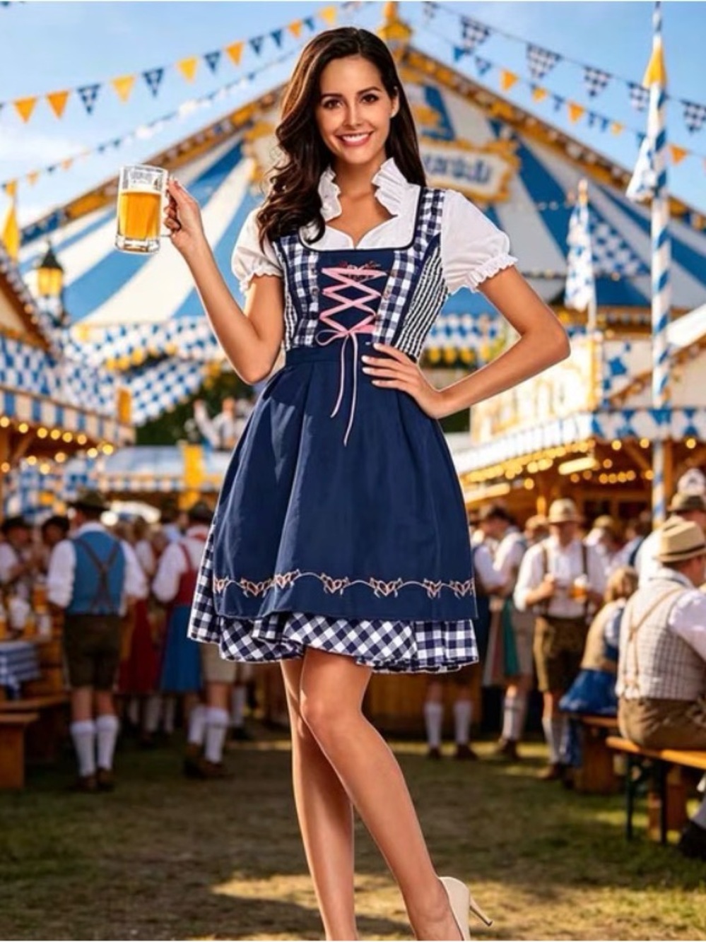Blue Bavarian Dirndl Dress with Lace-Up Detail -